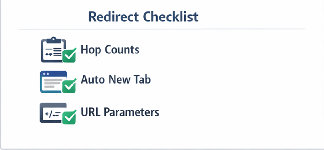 리다이렉트 추적 체크리스트(경유 횟수·자동 새탭·파라미터 확인)