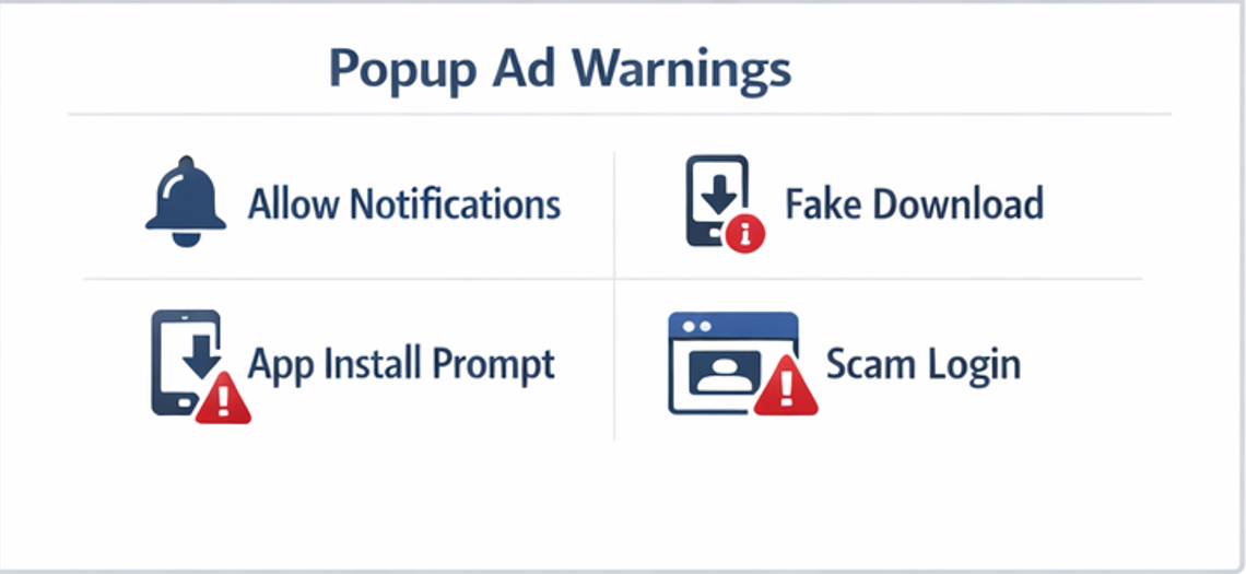팝업 광고 위험 신호 TOP 체크 카드(권한 요청·다운로드·앱 설치 유도)